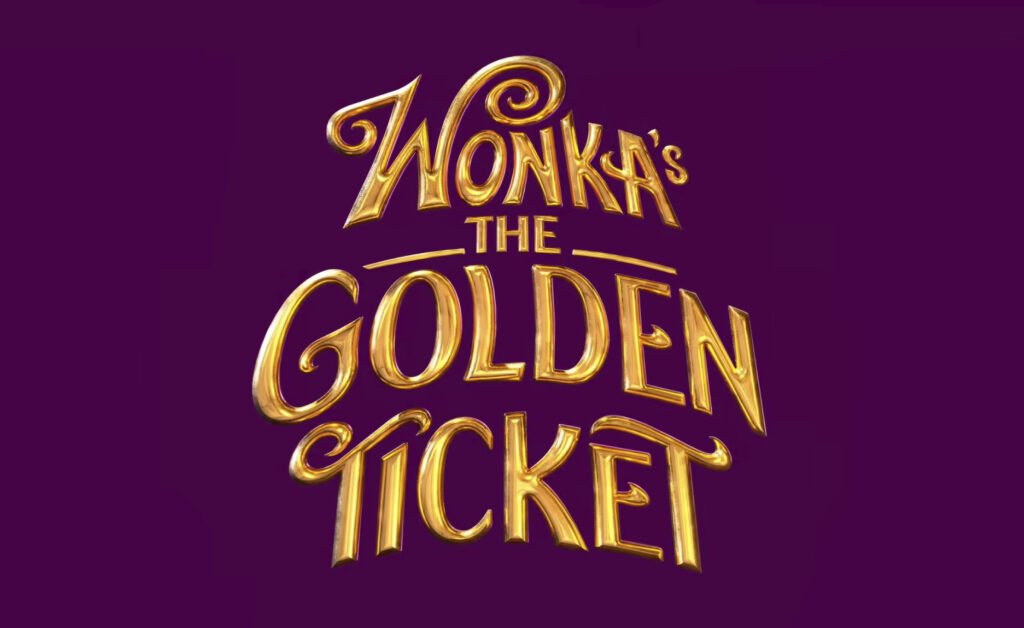 Logotipo oficial do reality show Wonka's The Golden Ticket (Wonka: O Bilhete Dourado) em letras douradas tridimensionais sobre fundo roxo.